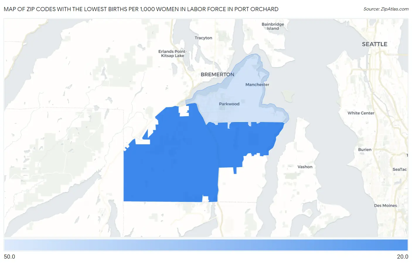 Zip Codes with the Lowest Births per 1,000 Women in Labor Force in Port Orchard Map