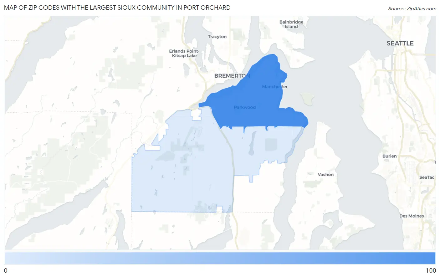 Zip Codes with the Largest Sioux Community in Port Orchard Map