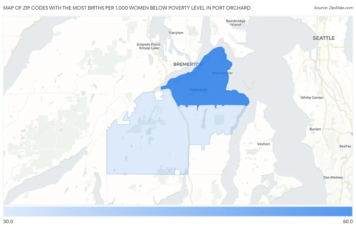 Zip Codes with the Most Births per 1,000 Women Below Poverty Level in Port Orchard Map