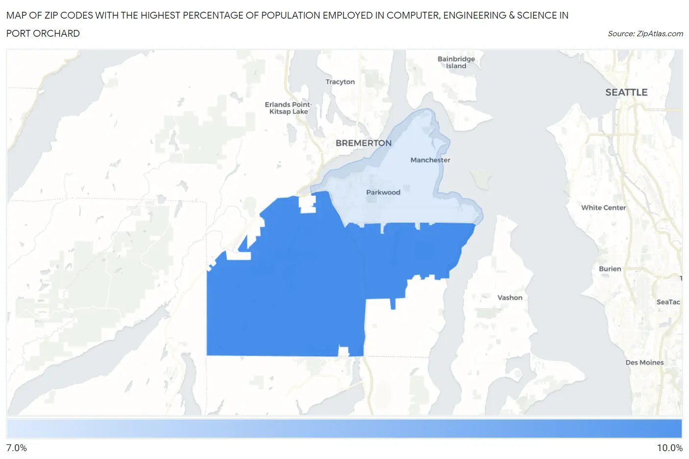 Zip Codes with the Highest Percentage of Population Employed in Computer, Engineering & Science in Port Orchard Map