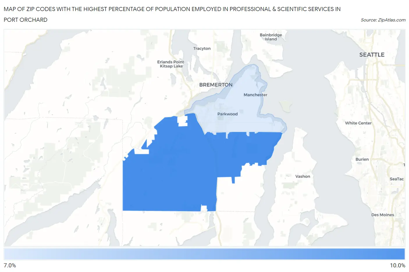 Zip Codes with the Highest Percentage of Population Employed in Professional & Scientific Services in Port Orchard Map