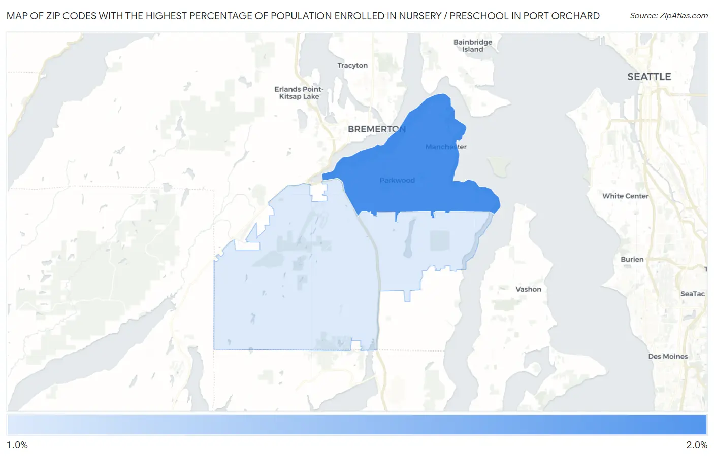 Zip Codes with the Highest Percentage of Population Enrolled in Nursery / Preschool in Port Orchard Map