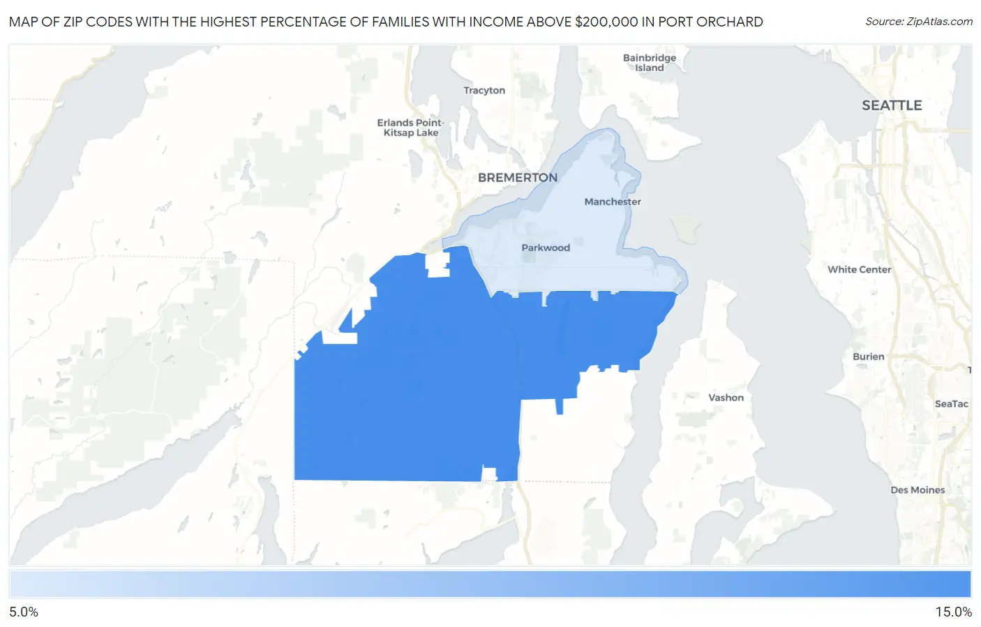 Zip Codes with the Highest Percentage of Families with Income Above $200,000 in Port Orchard Map