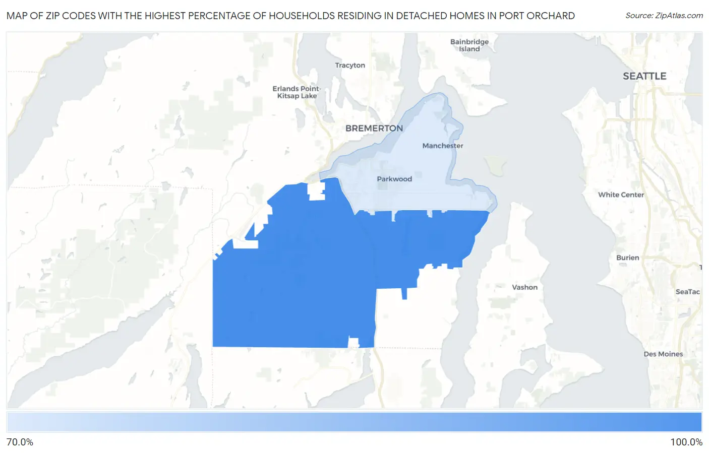Zip Codes with the Highest Percentage of Households Residing in Detached Homes in Port Orchard Map