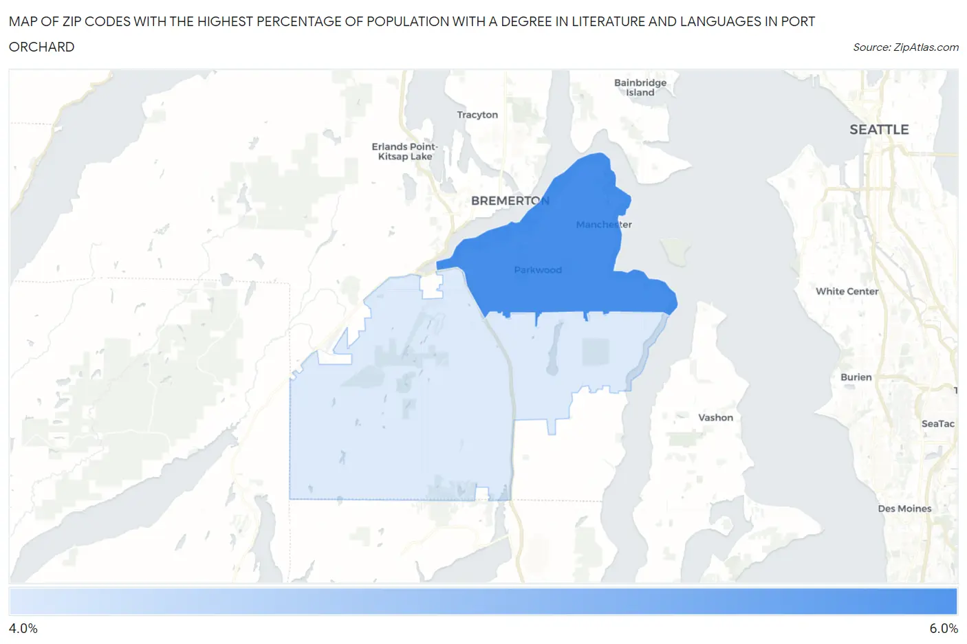 Zip Codes with the Highest Percentage of Population with a Degree in Literature and Languages in Port Orchard Map