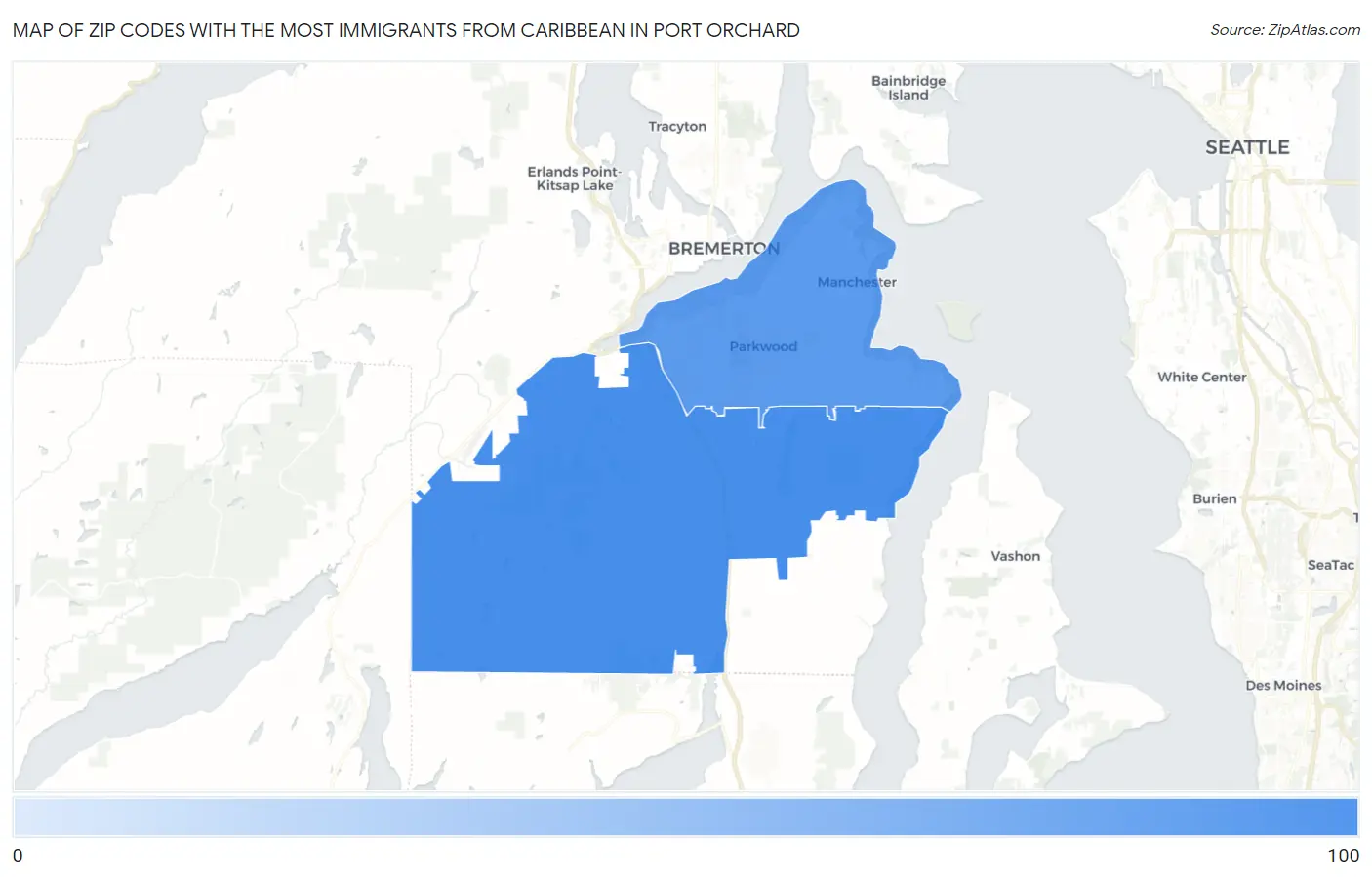 Zip Codes with the Most Immigrants from Caribbean in Port Orchard Map