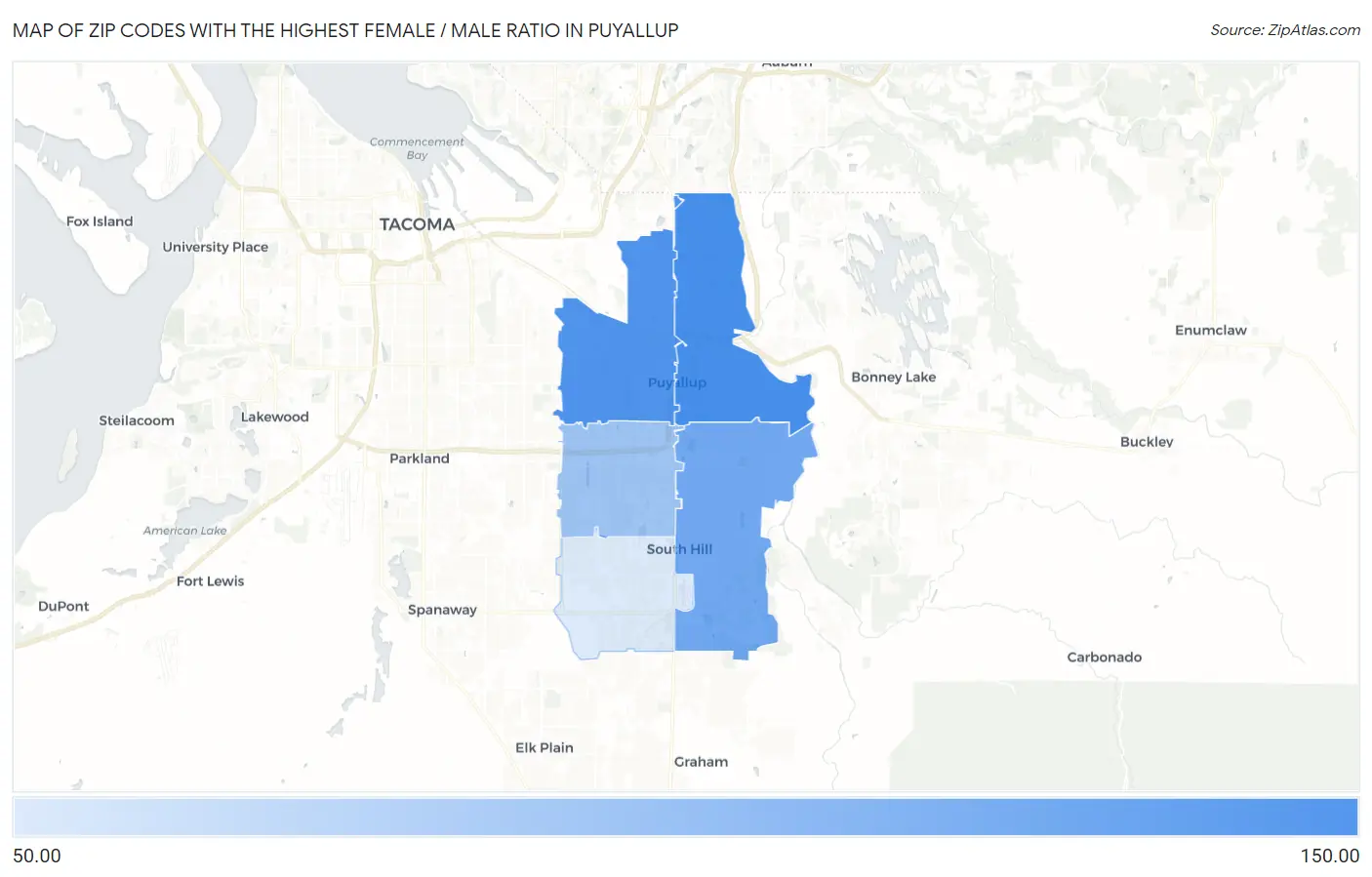 Zip Codes with the Highest Female / Male Ratio in Puyallup Map