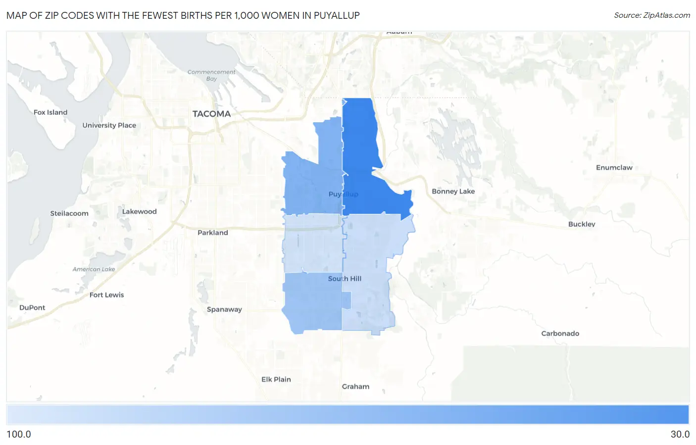 Zip Codes with the Fewest Births per 1,000 Women in Puyallup Map