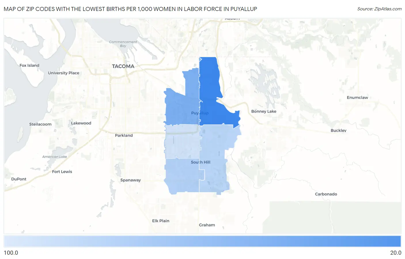 Zip Codes with the Lowest Births per 1,000 Women in Labor Force in Puyallup Map