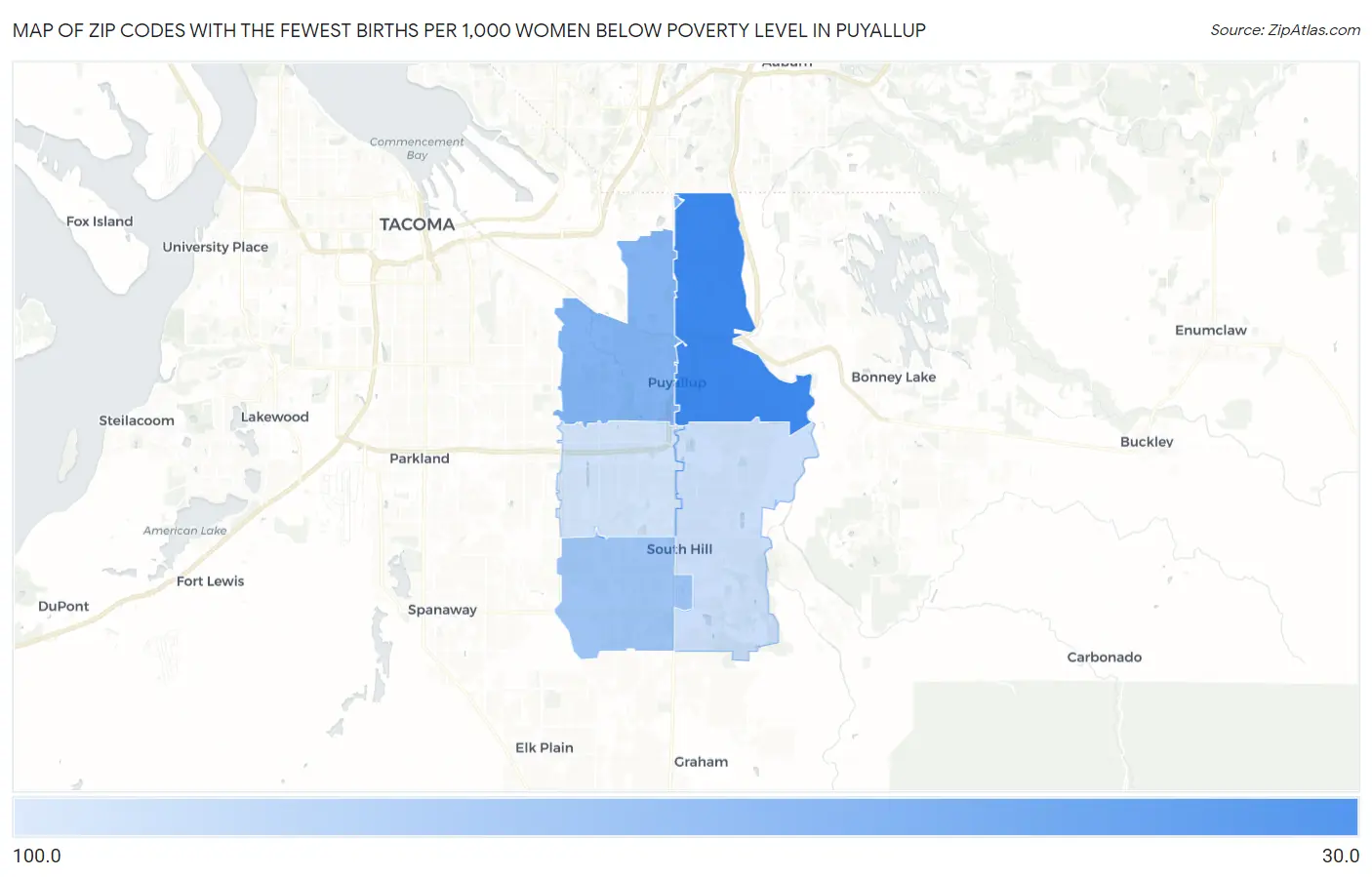 Zip Codes with the Fewest Births per 1,000 Women Below Poverty Level in Puyallup Map