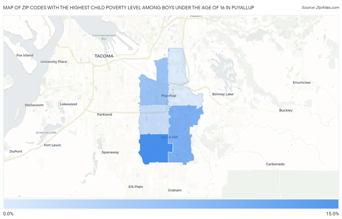 Zip Codes with the Highest Child Poverty Level Among Boys Under the Age of 16 in Puyallup Map