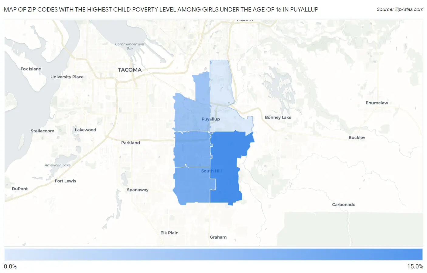 Zip Codes with the Highest Child Poverty Level Among Girls Under the Age of 16 in Puyallup Map