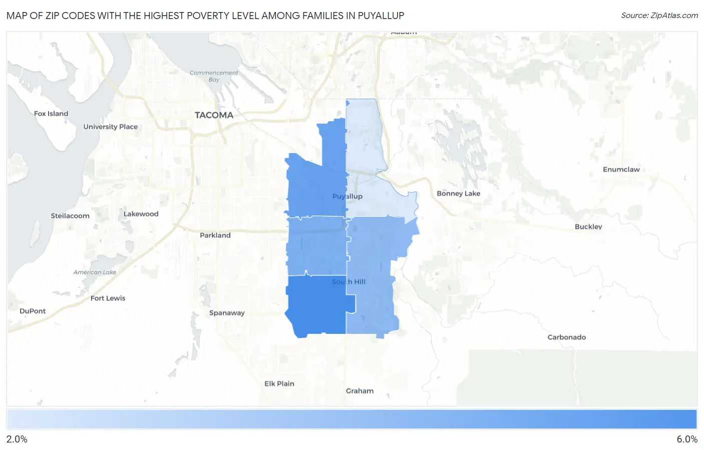 Zip Codes with the Highest Poverty Level Among Families in Puyallup Map