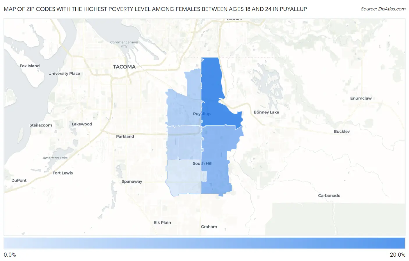 Zip Codes with the Highest Poverty Level Among Females Between Ages 18 and 24 in Puyallup Map