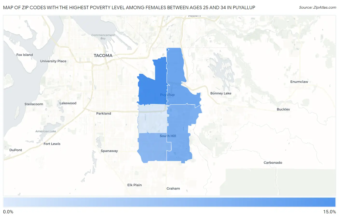 Zip Codes with the Highest Poverty Level Among Females Between Ages 25 and 34 in Puyallup Map