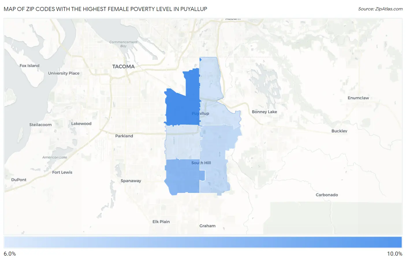Zip Codes with the Highest Female Poverty Level in Puyallup Map