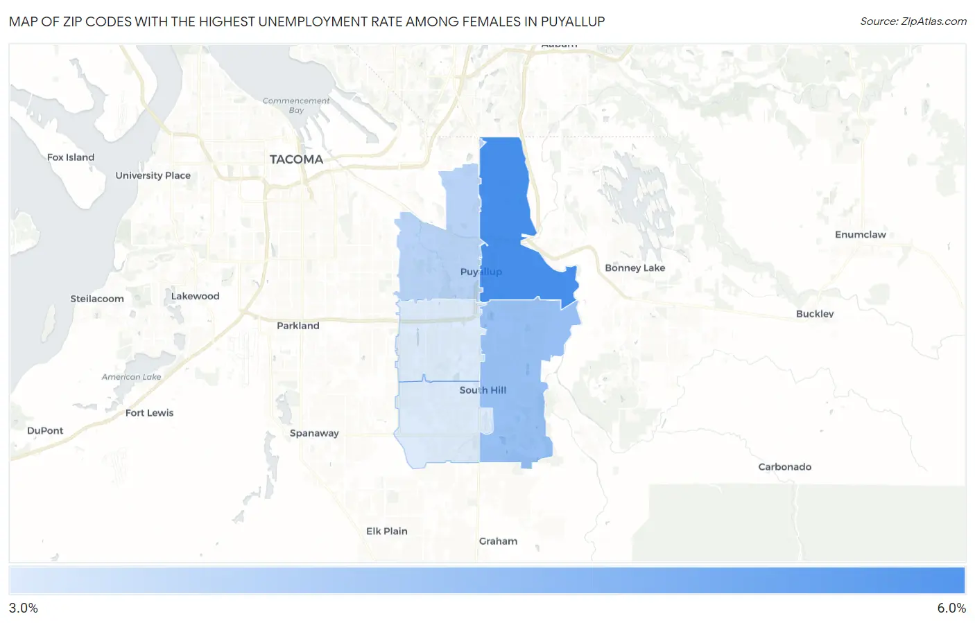 Zip Codes with the Highest Unemployment Rate Among Females in Puyallup Map