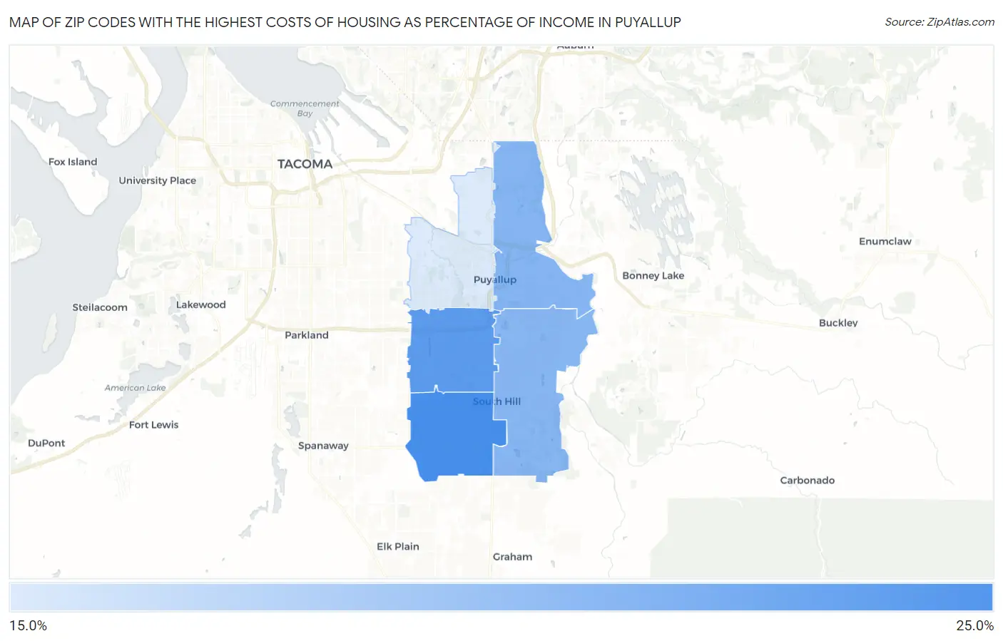 Zip Codes with the Highest Costs of Housing as Percentage of Income in Puyallup Map