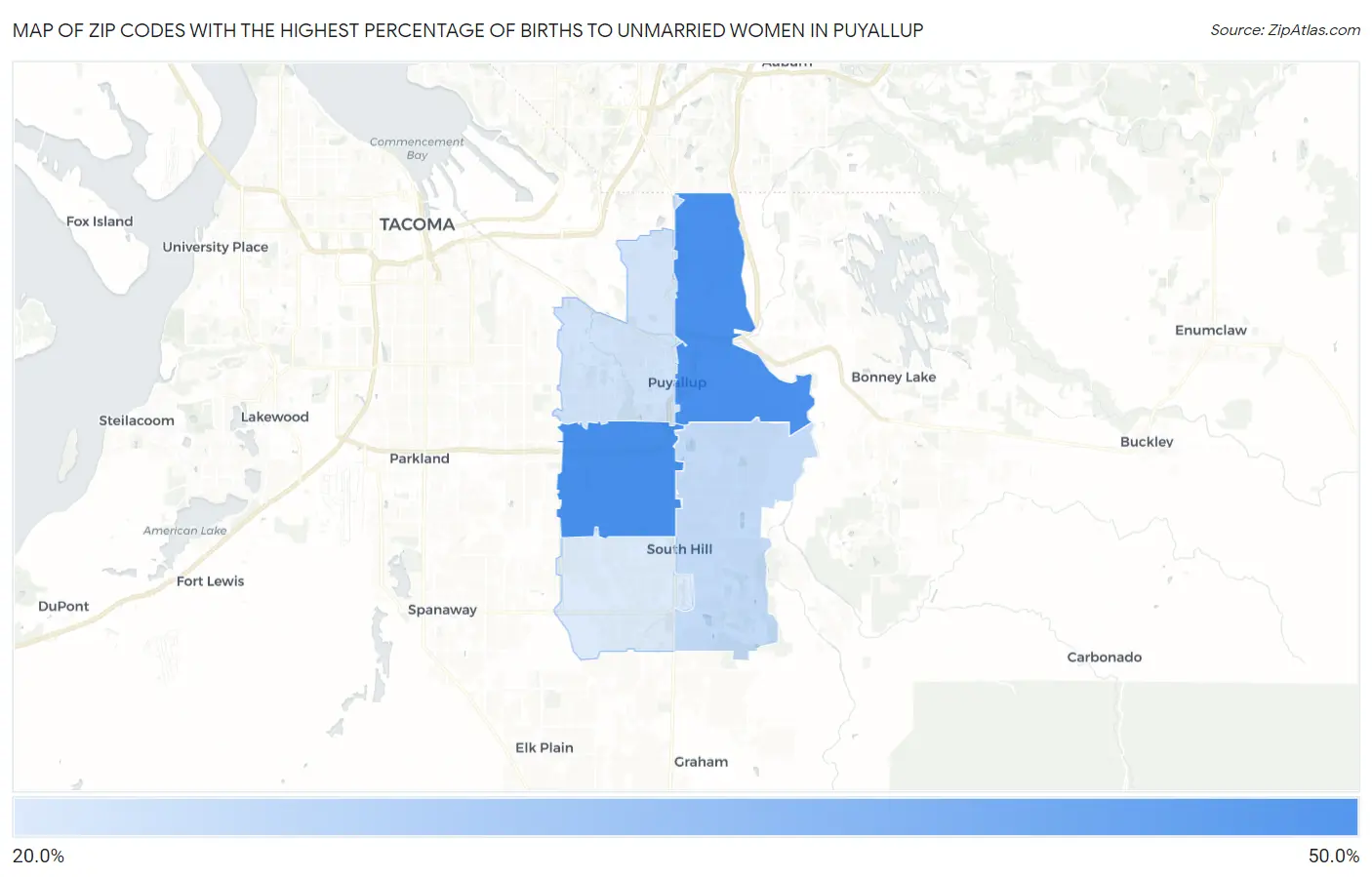 Zip Codes with the Highest Percentage of Births to Unmarried Women in Puyallup Map