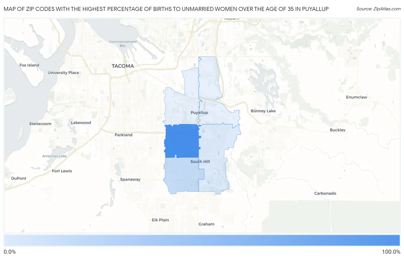 Zip Codes with the Highest Percentage of Births to Unmarried Women over the Age of 35 in Puyallup Map