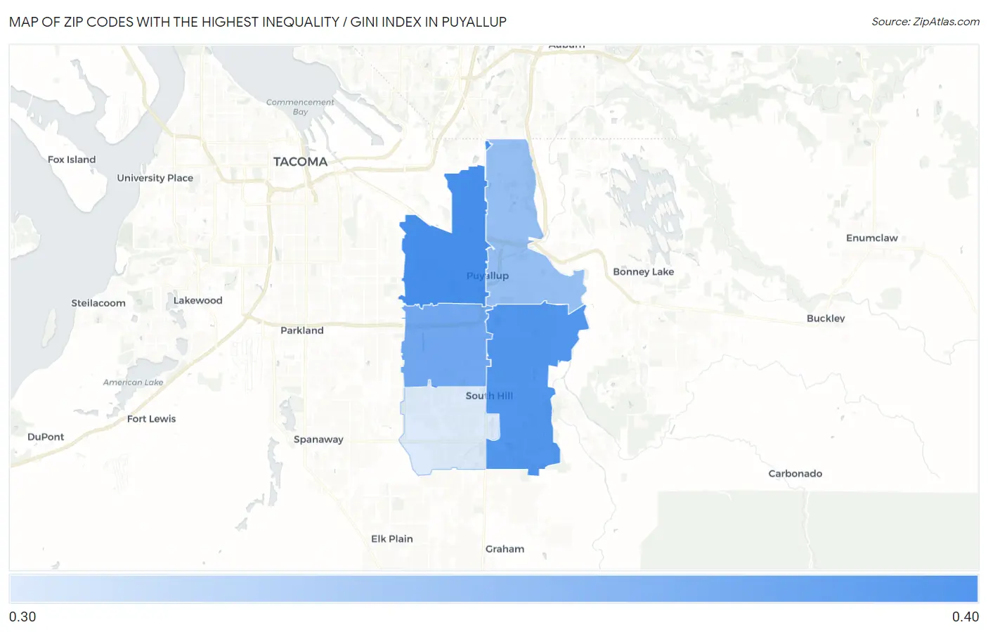 Zip Codes with the Highest Inequality / Gini Index in Puyallup Map