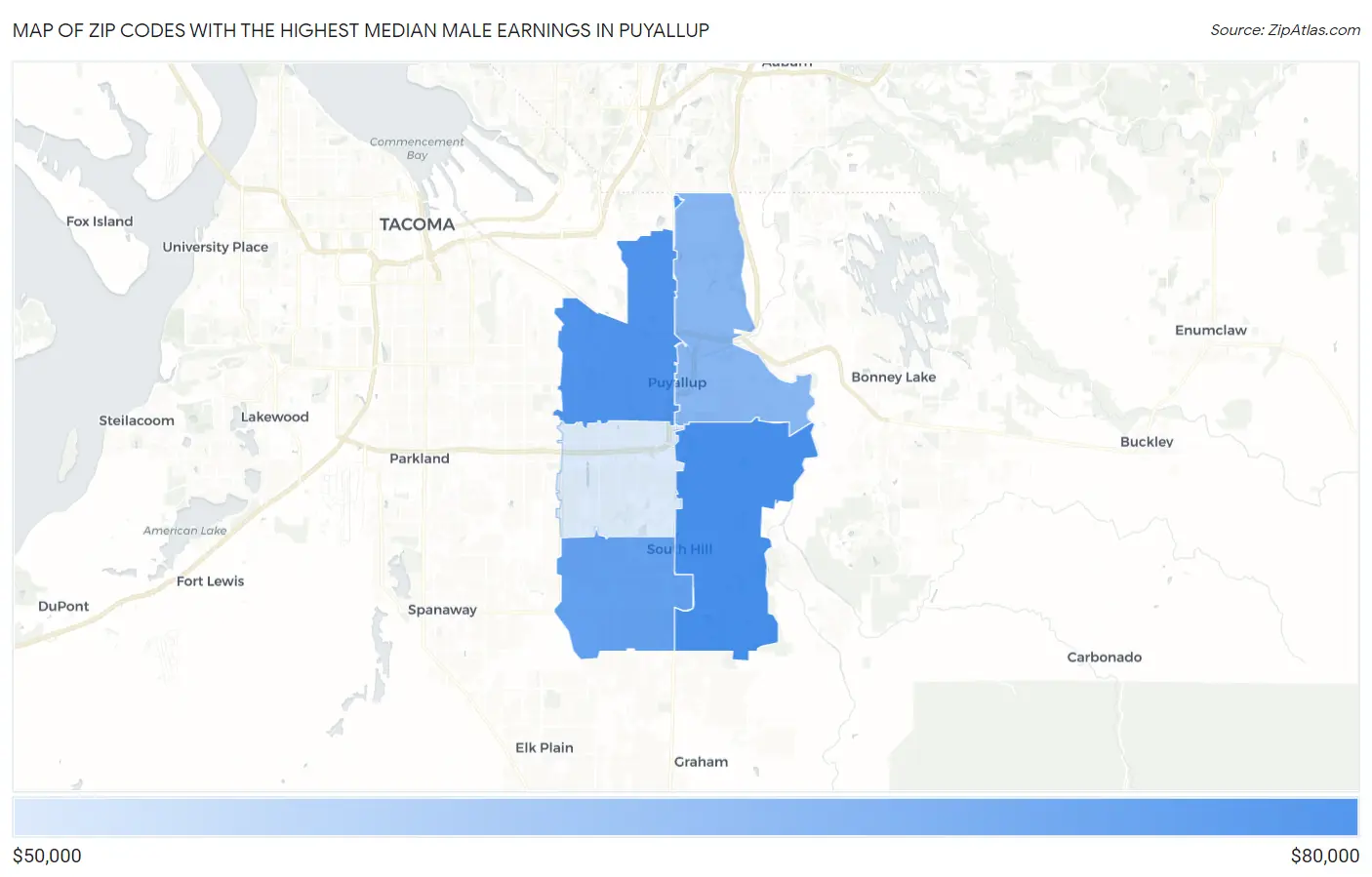 Zip Codes with the Highest Median Male Earnings in Puyallup Map