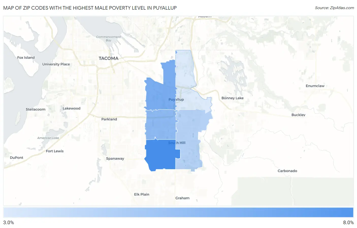 Zip Codes with the Highest Male Poverty Level in Puyallup Map