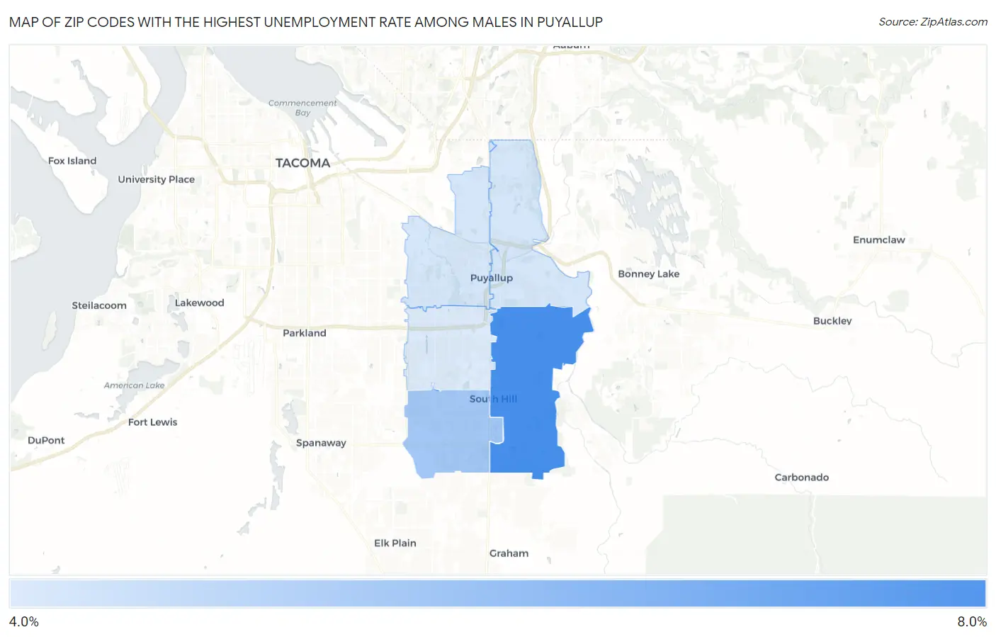 Zip Codes with the Highest Unemployment Rate Among Males in Puyallup Map