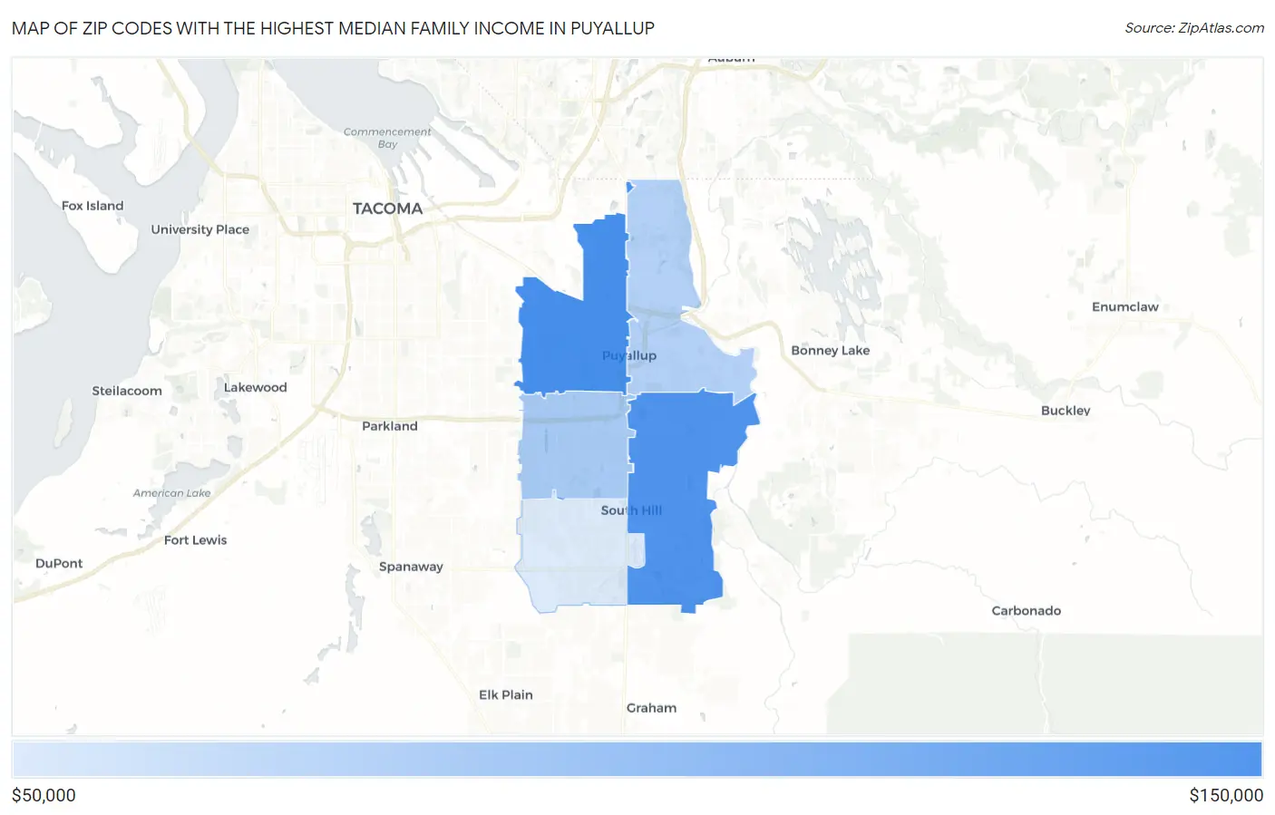 Zip Codes with the Highest Median Family Income in Puyallup Map