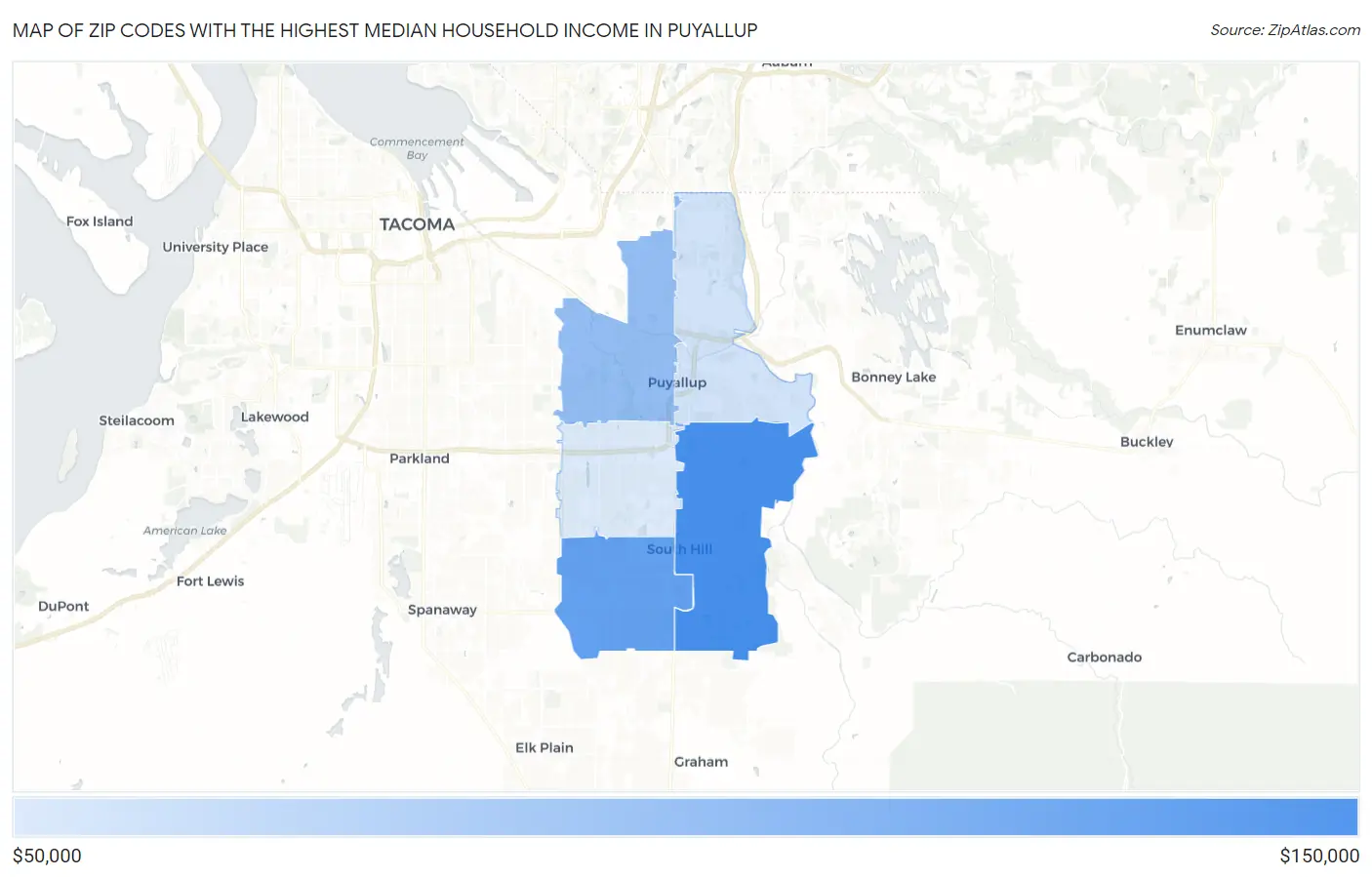 Zip Codes with the Highest Median Household Income in Puyallup Map