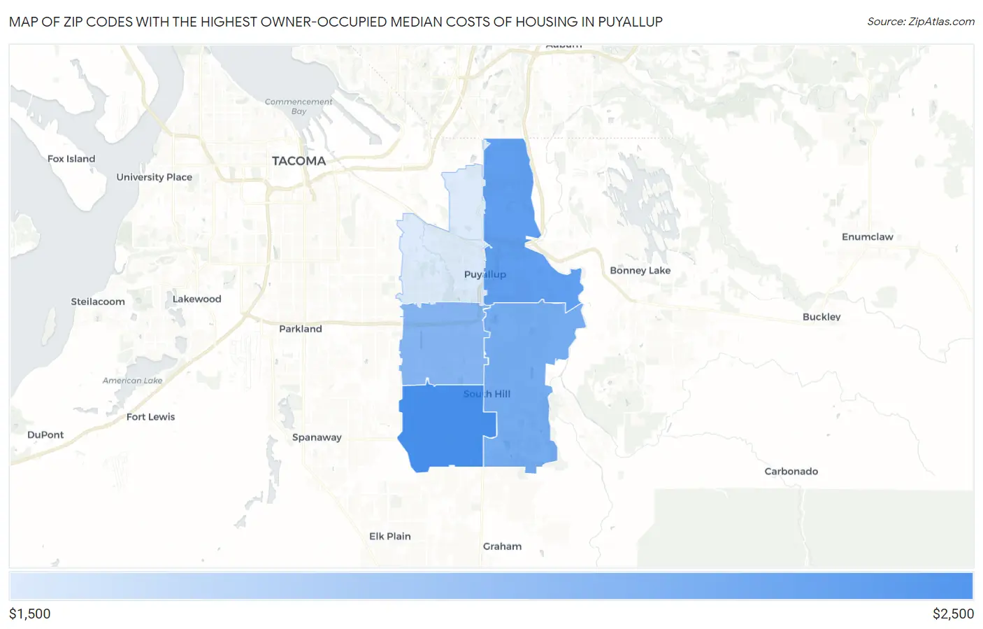 Zip Codes with the Highest Owner-Occupied Median Costs of Housing in Puyallup Map