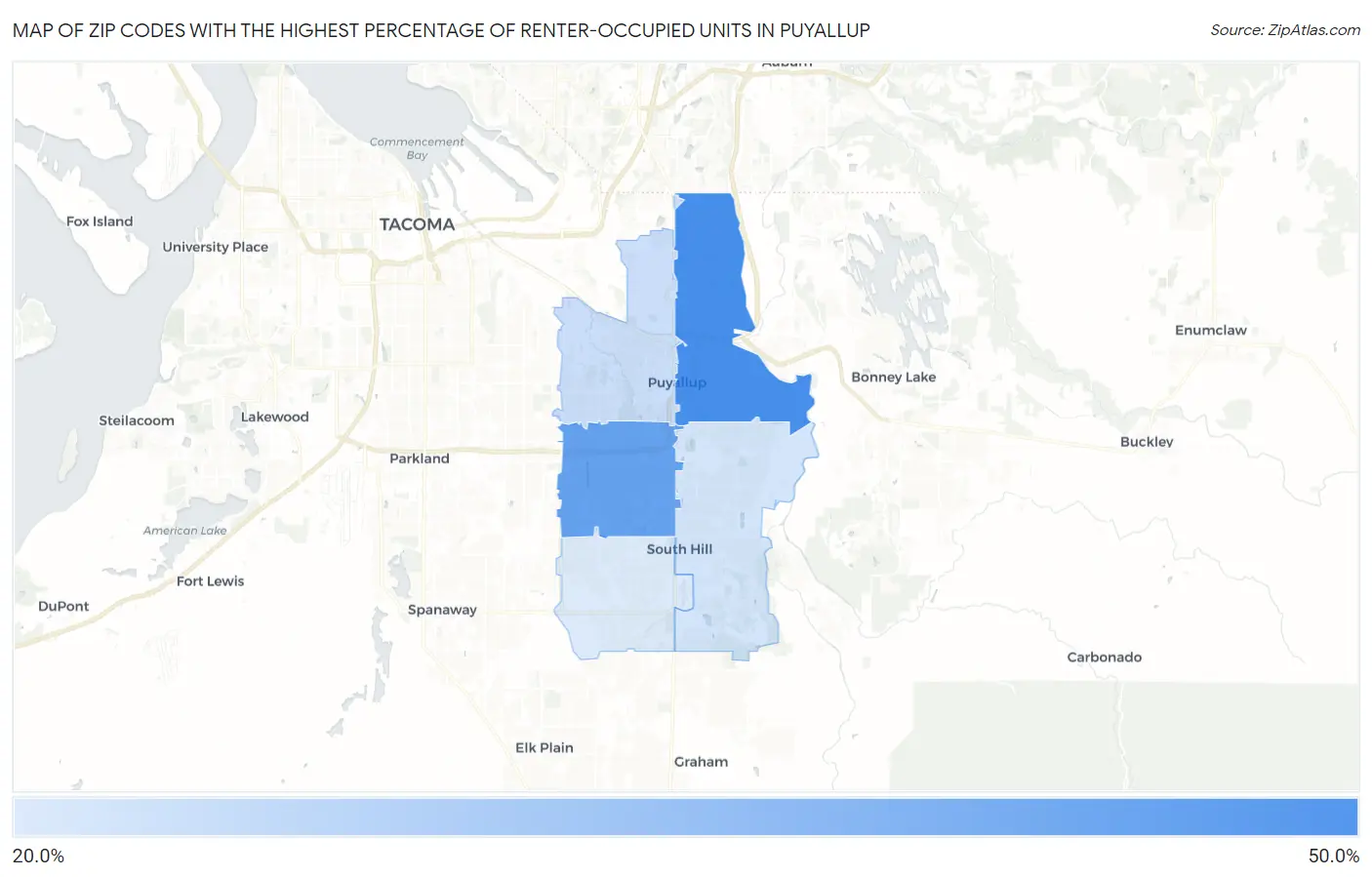 Zip Codes with the Highest Percentage of Renter-Occupied Units in Puyallup Map
