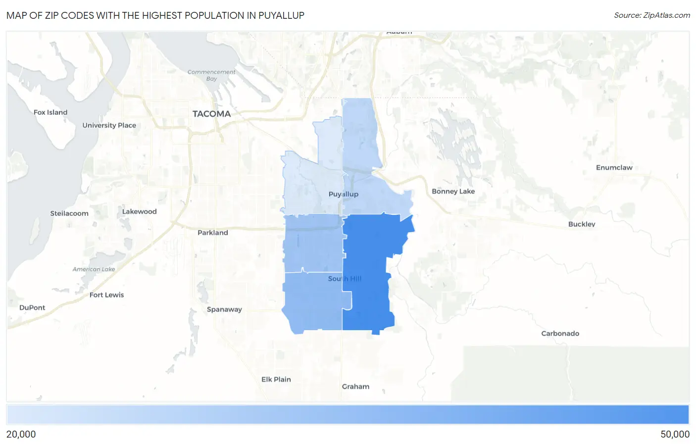 Zip Codes with the Highest Population in Puyallup Map