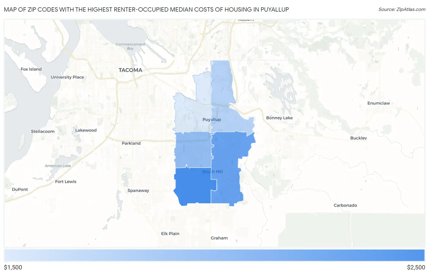 Zip Codes with the Highest Renter-Occupied Median Costs of Housing in Puyallup Map