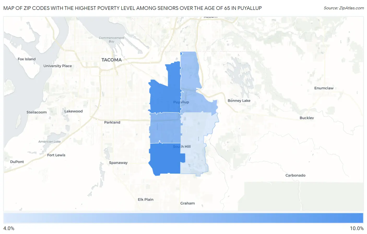 Zip Codes with the Highest Poverty Level Among Seniors Over the Age of 65 in Puyallup Map