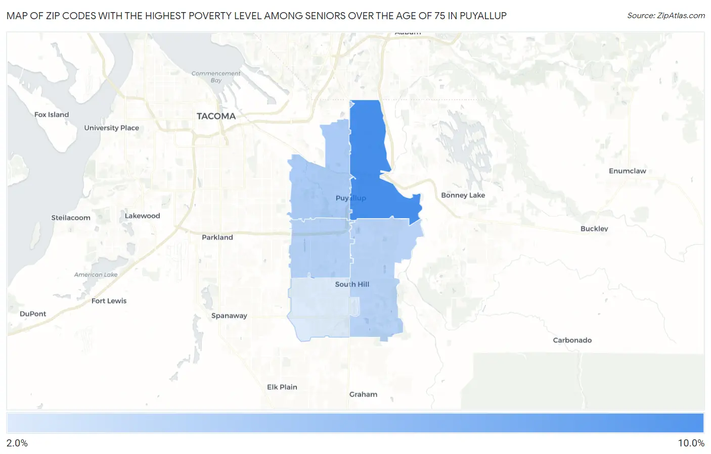 Zip Codes with the Highest Poverty Level Among Seniors Over the Age of 75 in Puyallup Map
