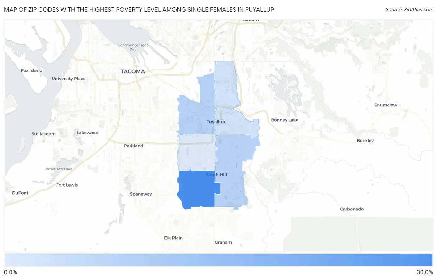 Zip Codes with the Highest Poverty Level Among Single Females in Puyallup Map