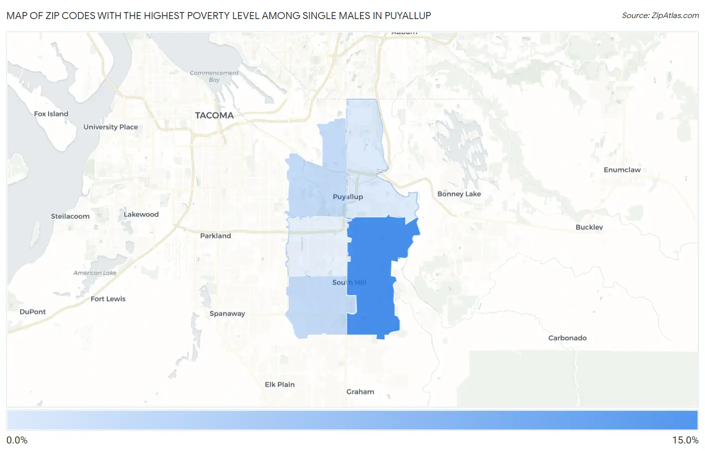 Zip Codes with the Highest Poverty Level Among Single Males in Puyallup Map