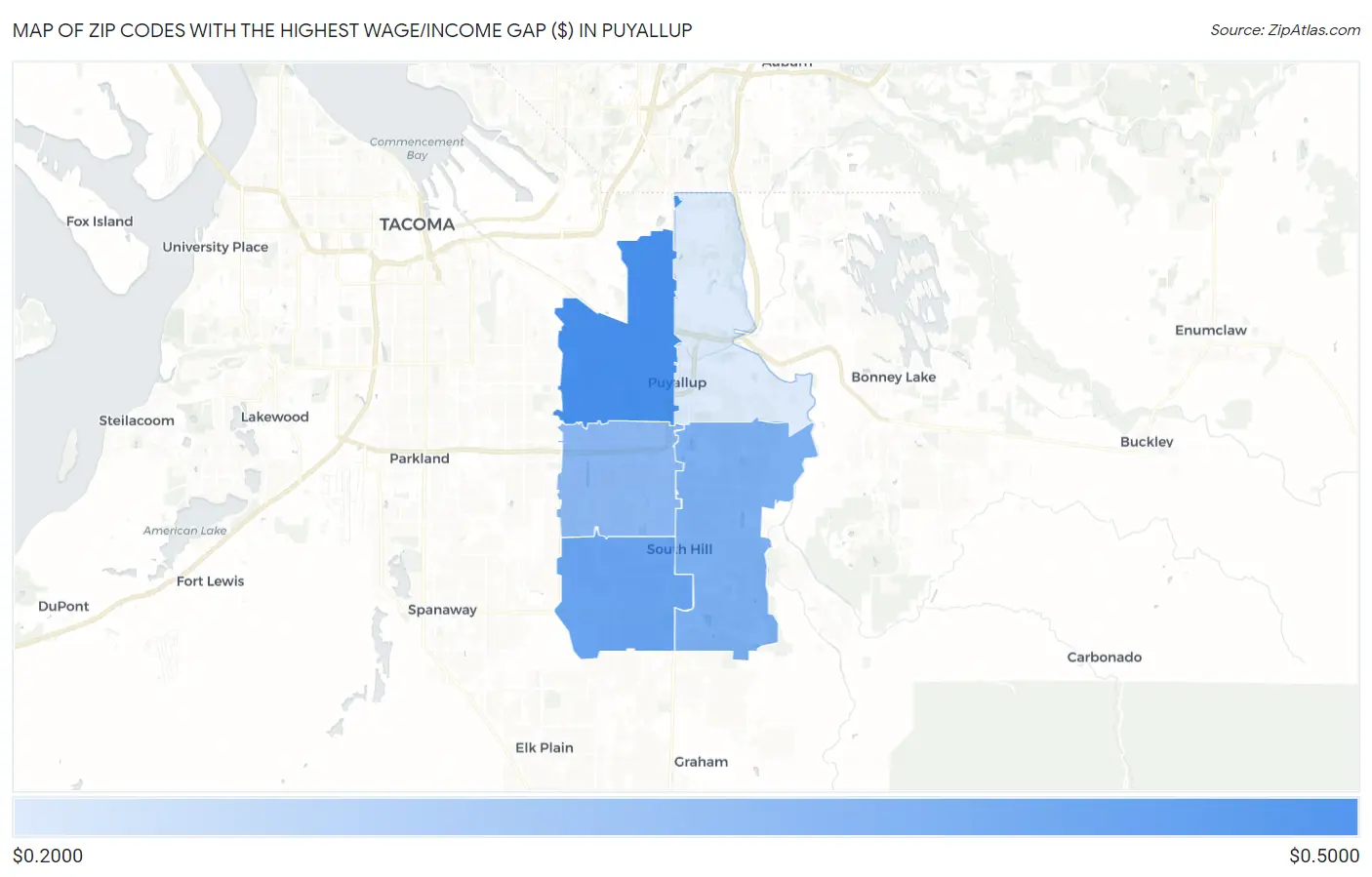 Zip Codes with the Highest Wage/Income Gap ($) in Puyallup Map
