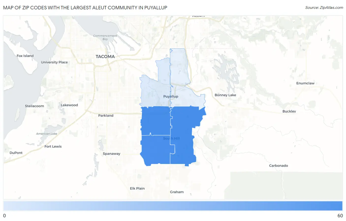 Zip Codes with the Largest Aleut Community in Puyallup Map