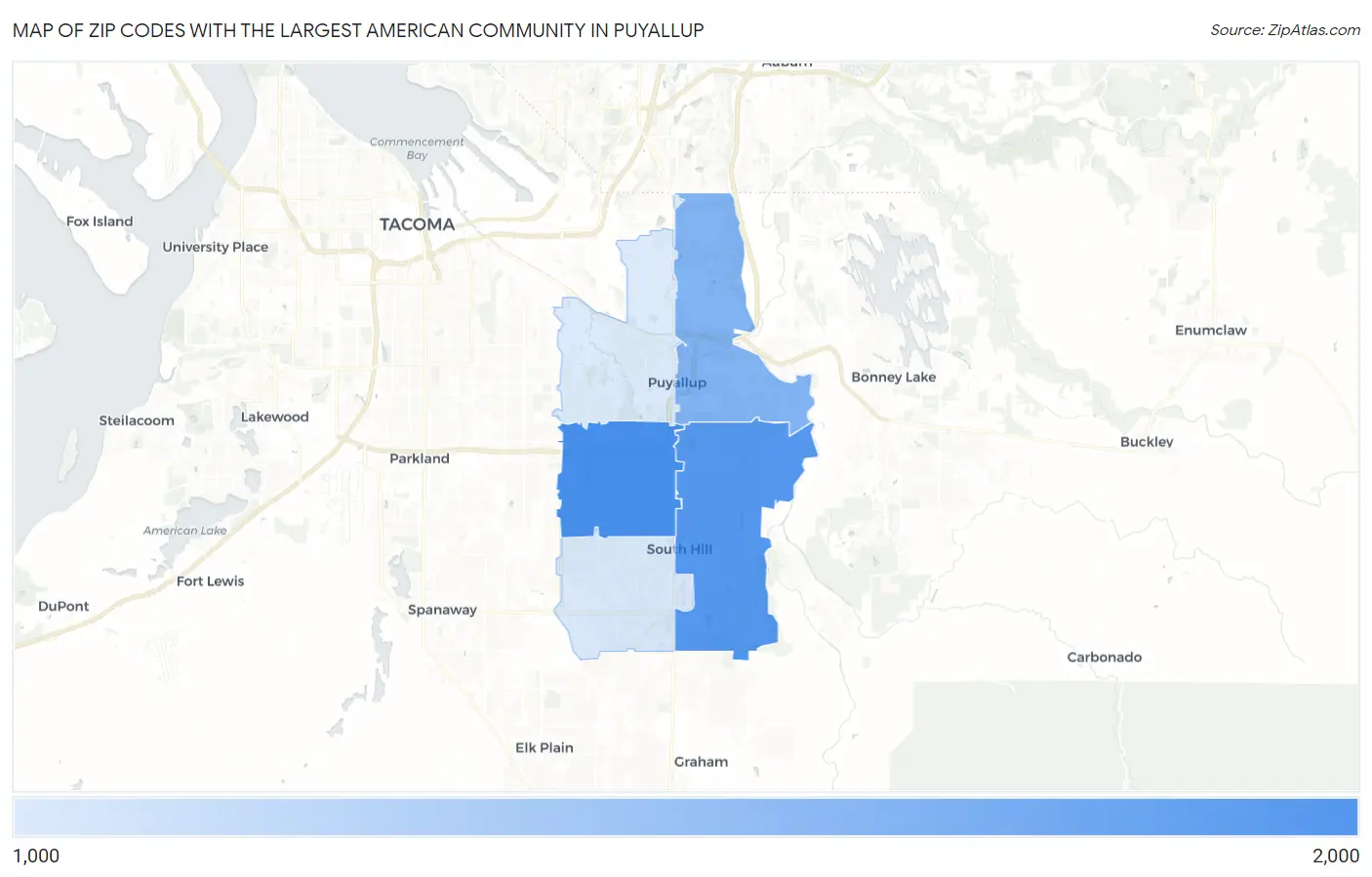 Zip Codes with the Largest American Community in Puyallup Map