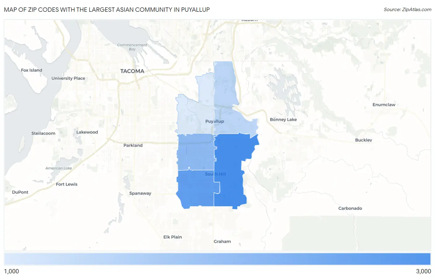 Zip Codes with the Largest Asian Community in Puyallup Map