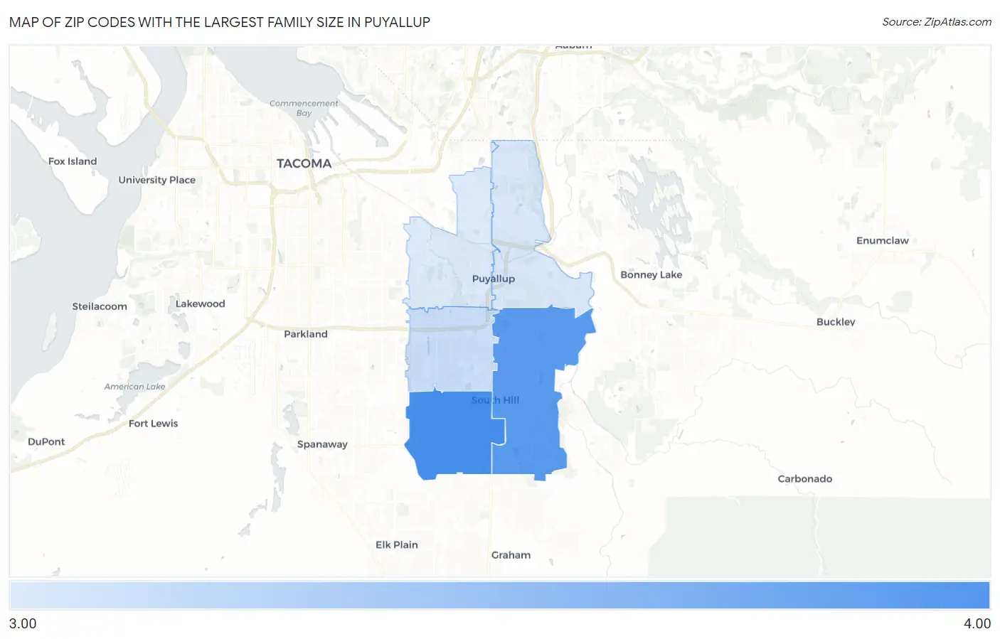 Zip Codes with the Largest Family Size in Puyallup Map