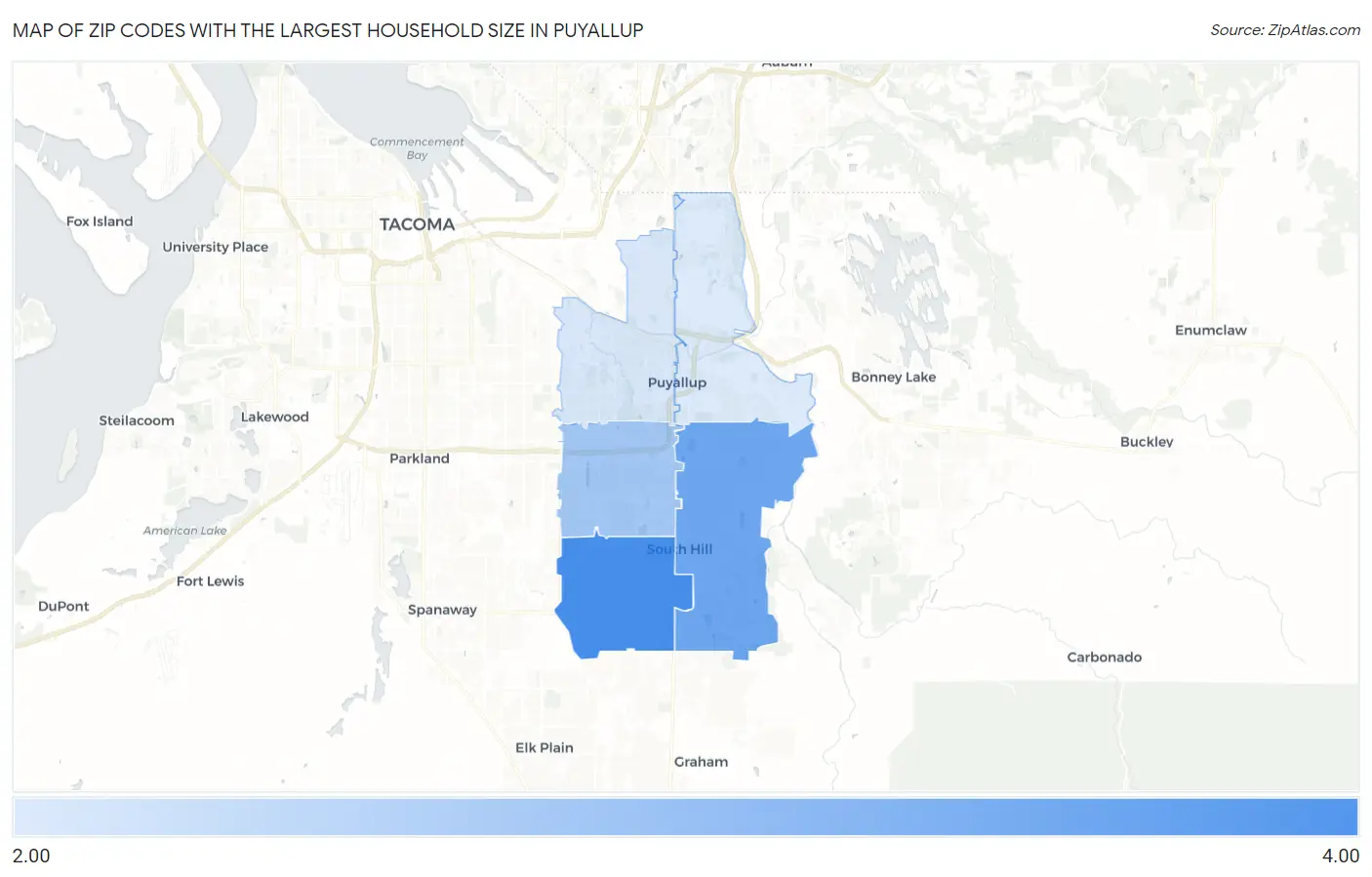 Zip Codes with the Largest Household Size in Puyallup Map