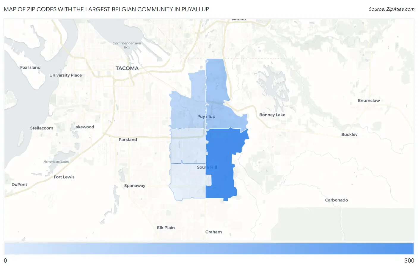 Zip Codes with the Largest Belgian Community in Puyallup Map
