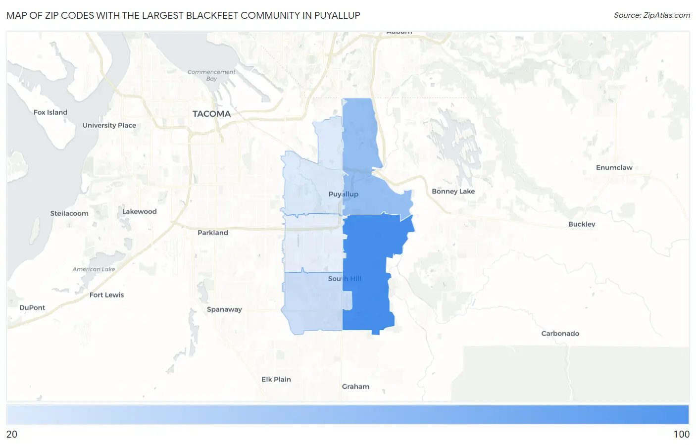 Zip Codes with the Largest Blackfeet Community in Puyallup Map