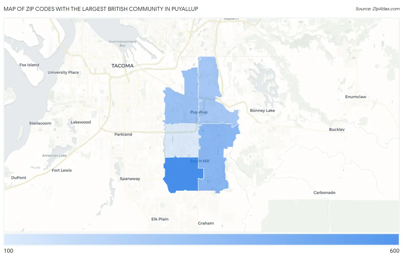 Zip Codes with the Largest British Community in Puyallup Map