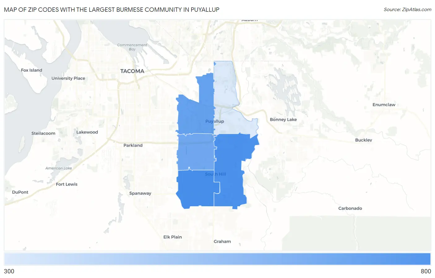 Zip Codes with the Largest Burmese Community in Puyallup Map