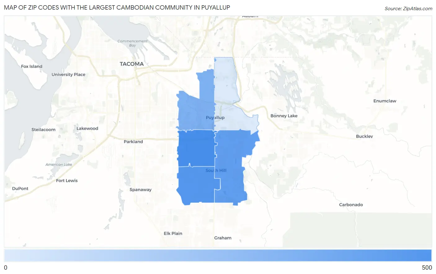 Zip Codes with the Largest Cambodian Community in Puyallup Map