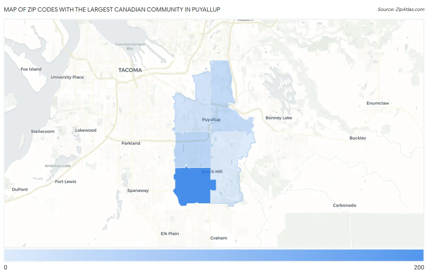 Zip Codes with the Largest Canadian Community in Puyallup Map